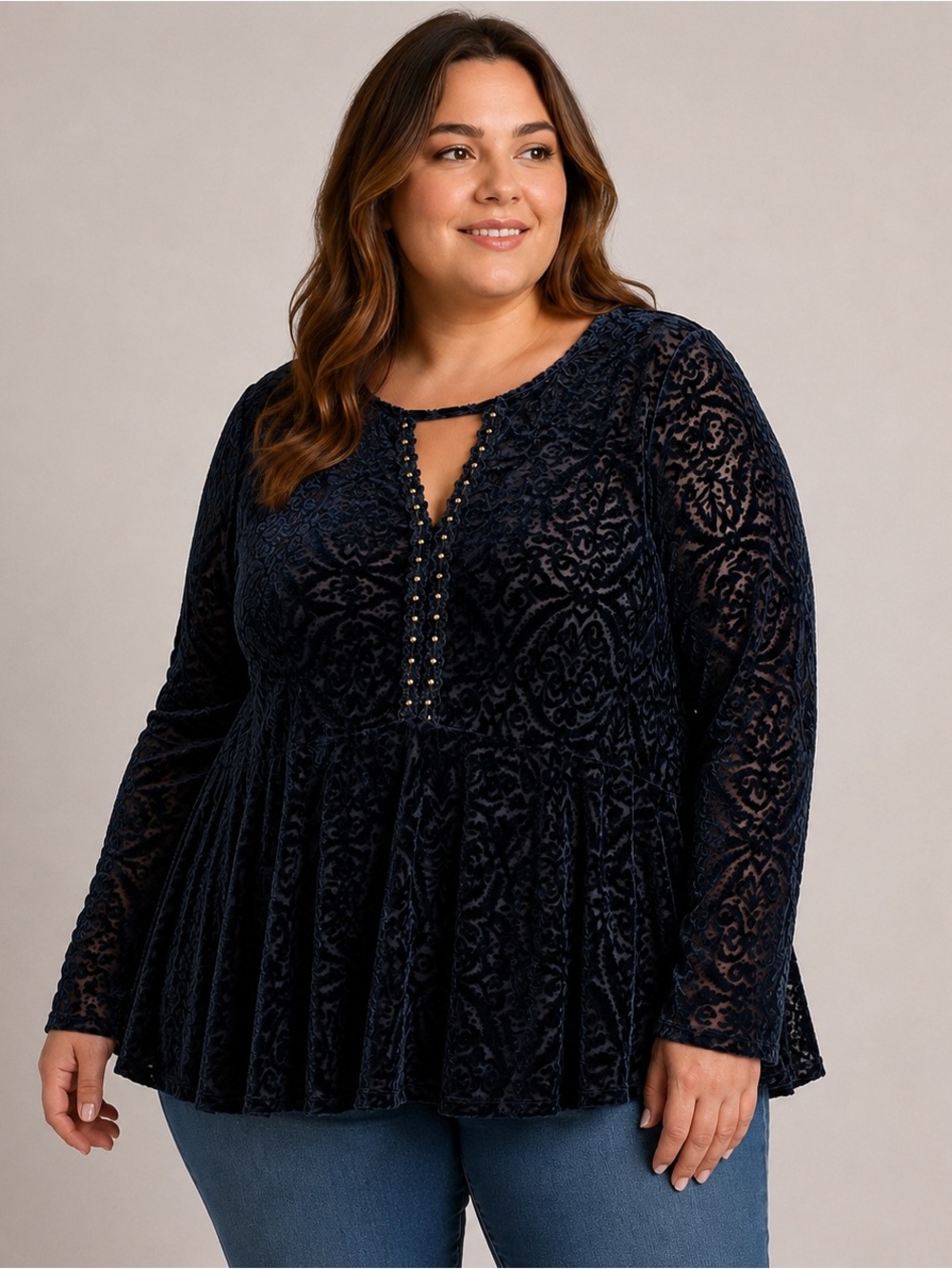 Allure Black Burnout Velvet Peplum Top Blouse 2X Keyhole Whimsygoth Victorian